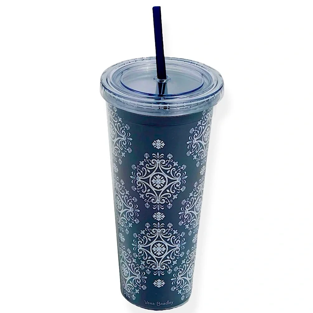 Vera Bradley travel tumbler steel blue medallion with straw 24 oz